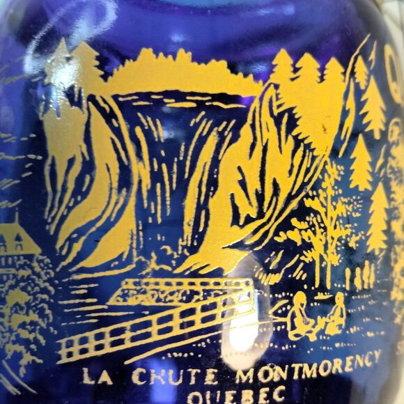 Quebec Canada Souvenir Cobalt Blue Glass Mug Wooden Handle Vintage - Picture 9 of 12